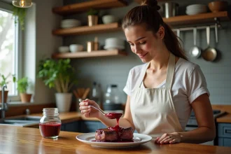 Femme en cuisine versant sauce aux échalotes sur un steak