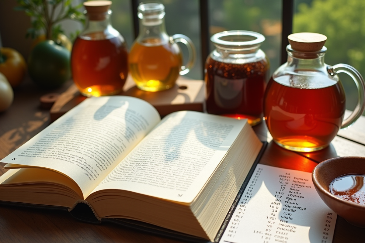 Livre de recettes ouvert avec bocaux et tableau de conversion liquide