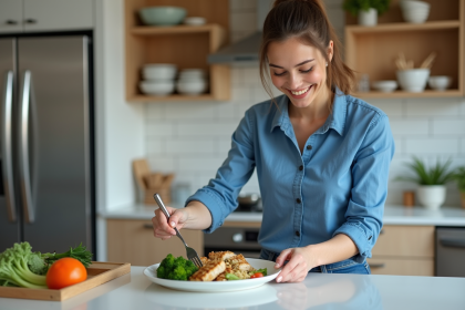 Jeune femme en cuisine préparant un repas protéine