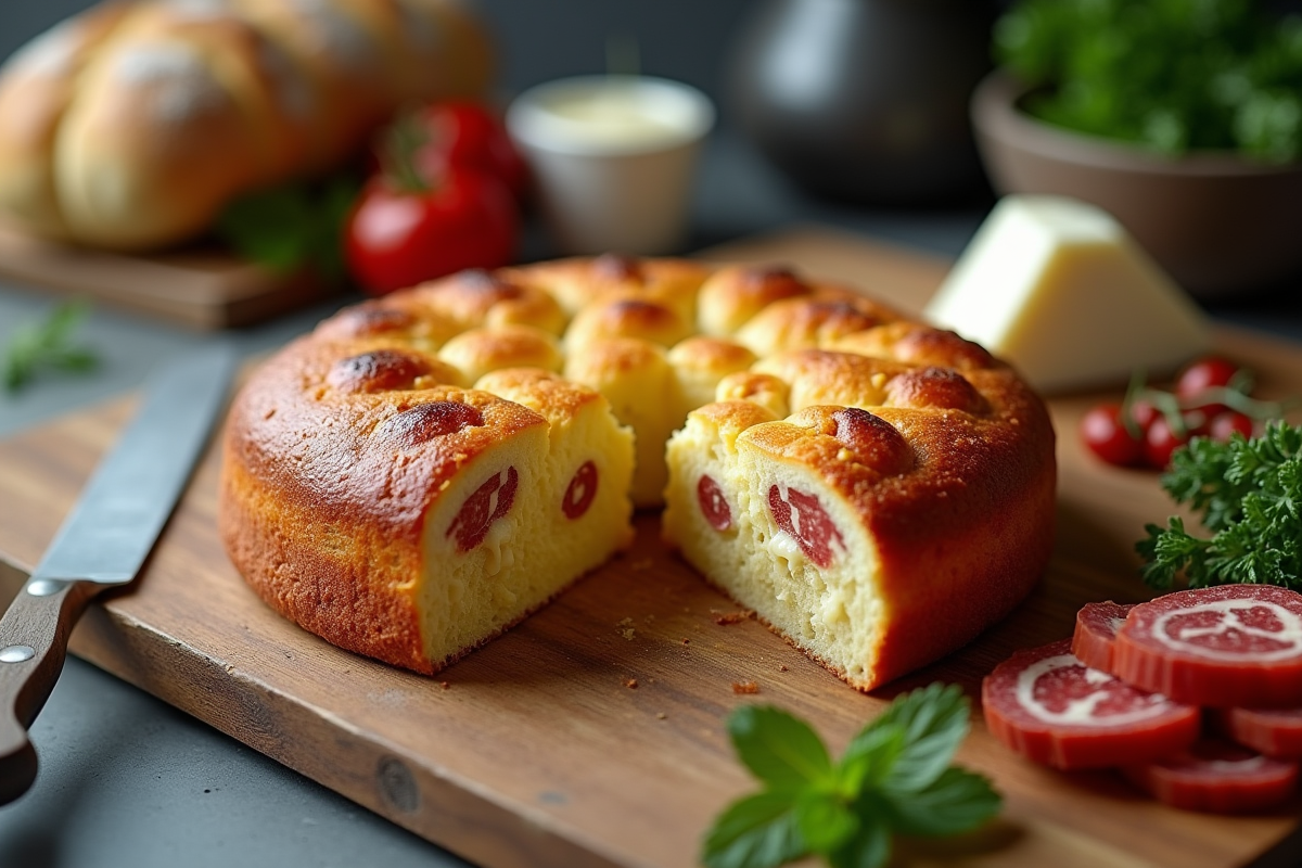 Tranche de gâteau au chorizo et fromage de chèvre dans une cuisine moderne