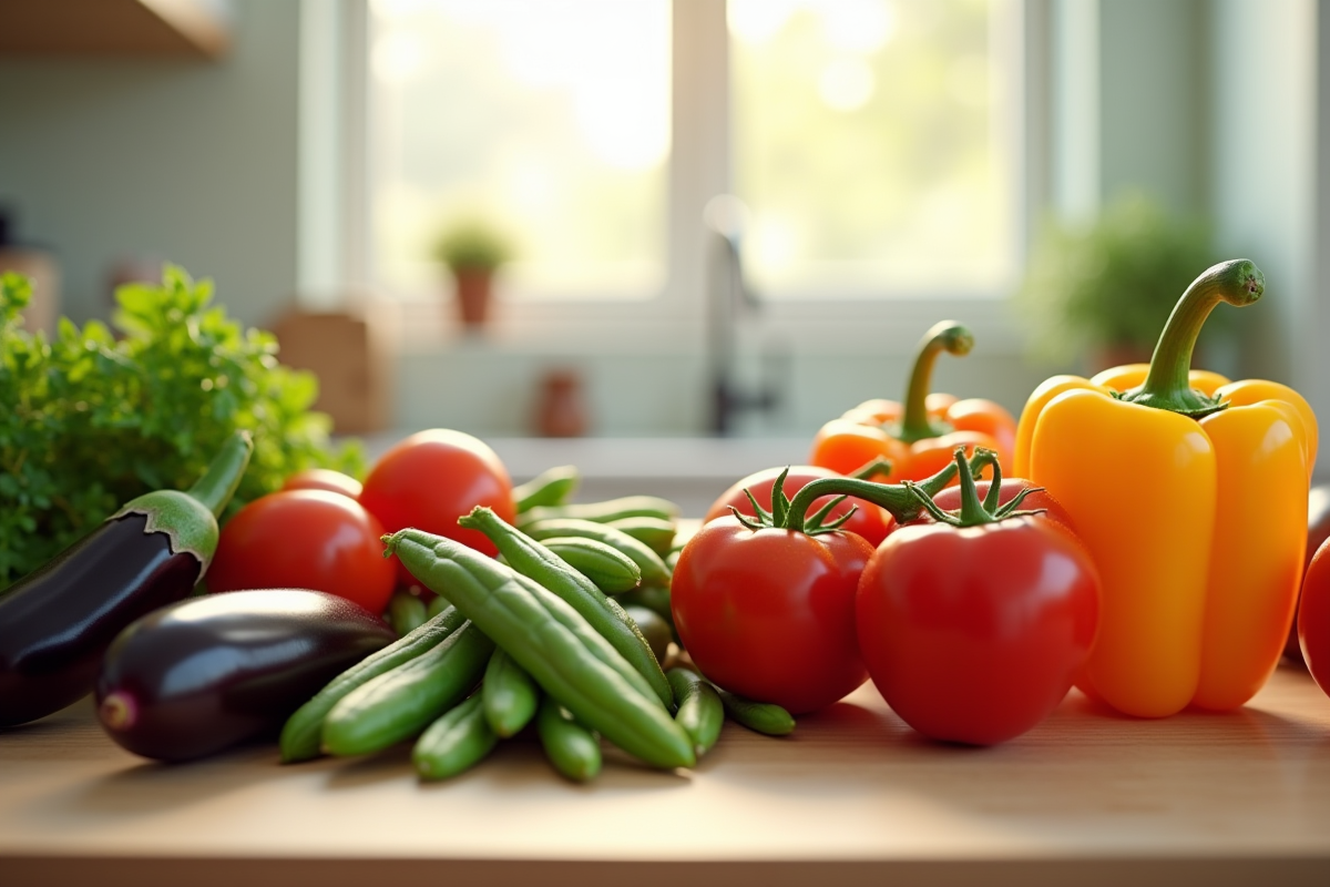Plan de la cuisine avec légumes frais colorés sur le comptoir