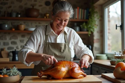 Femme française en tablier de lin sculptant un capon doré