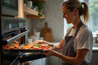 Femme en tablier cuisinant dans une cuisine moderne
