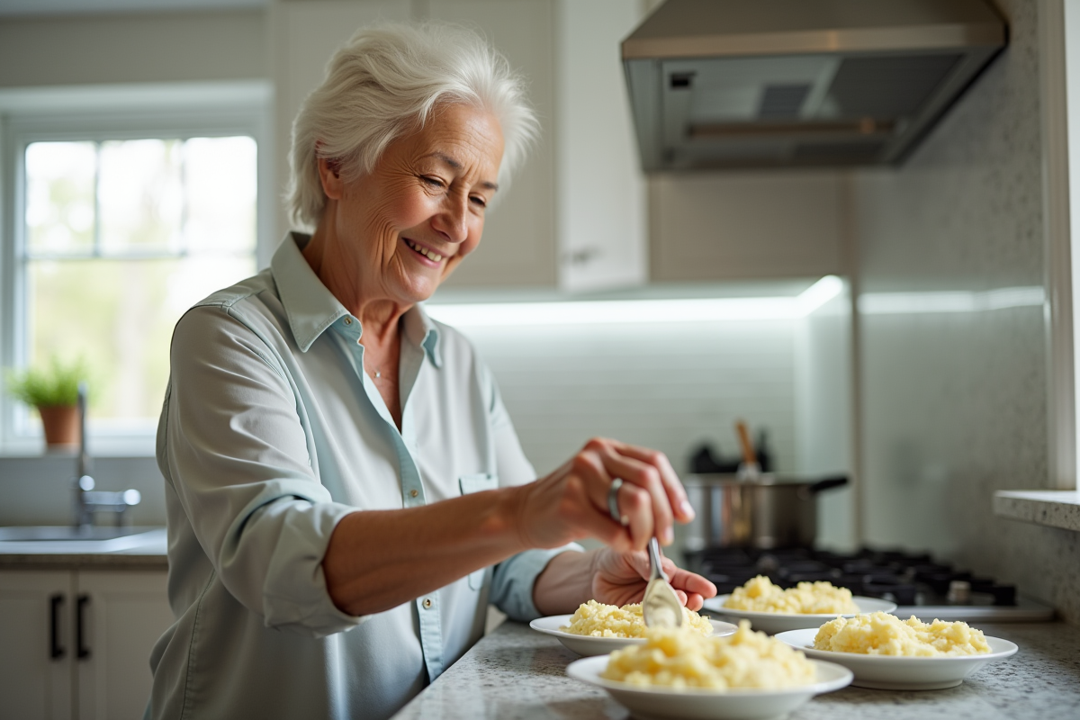 Femme senior servant des pommes de terre dans la cuisine