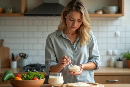 Femme en cuisine moderne scoopant du riz sec