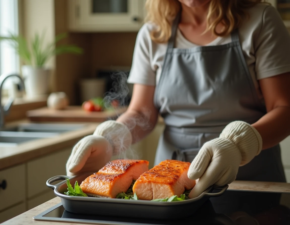 Femme sortant un filet de saumon parfaitement cuit du four dans une cuisine domestique
