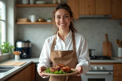 Femme servant un filet mignon dans une cuisine lumineuse