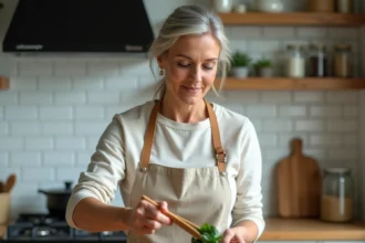 Femme cuisinant des épinards à la vapeur dans une cuisine moderne pour préserver les vitamines