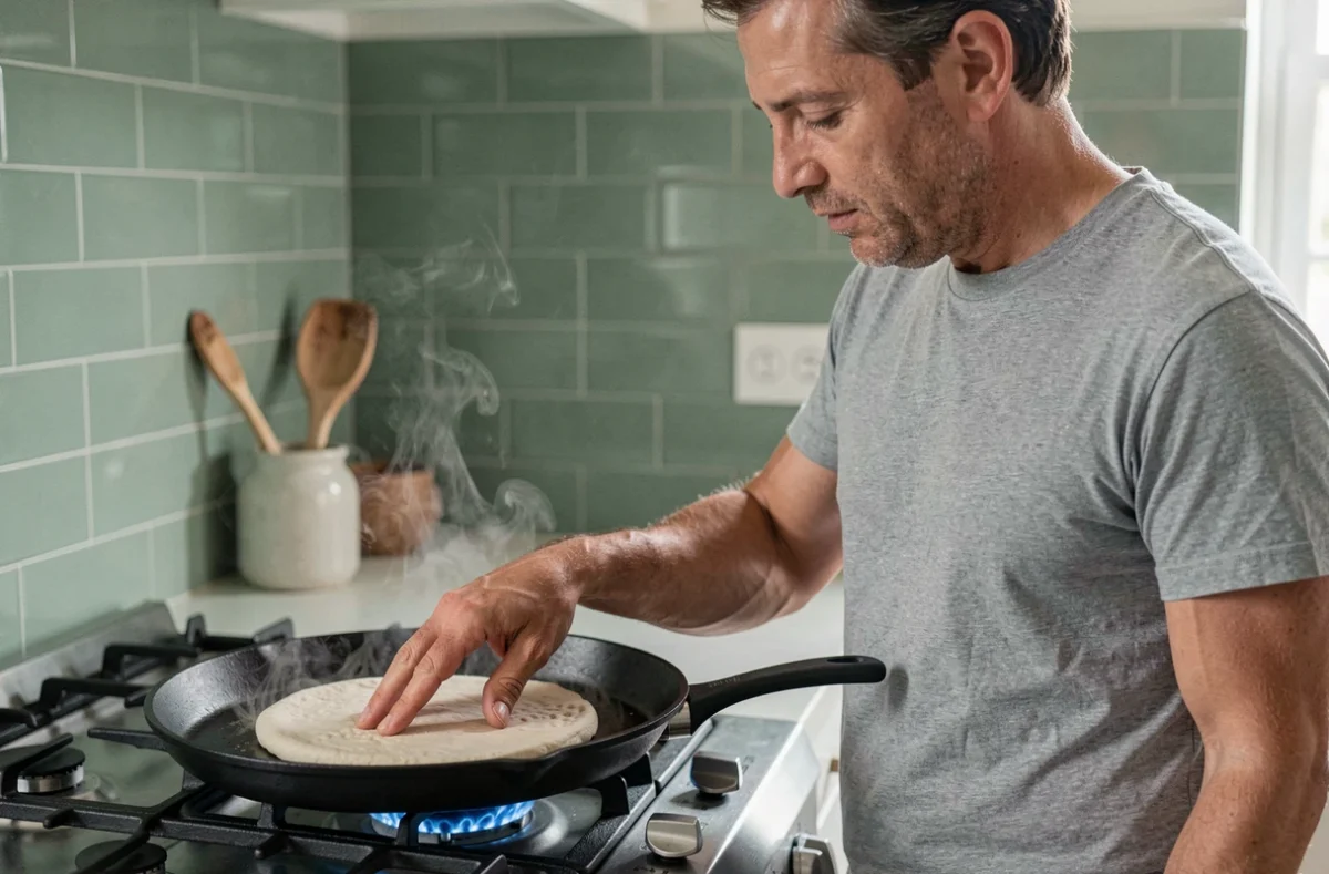 Homme cuisant une feuille de brick maison dans une poêle en fonte sur une cuisinière à gaz