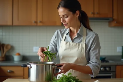 Femme versant des haricots verts frais dans une cocotte-minute en inox dans une cuisine familiale chaleureuse