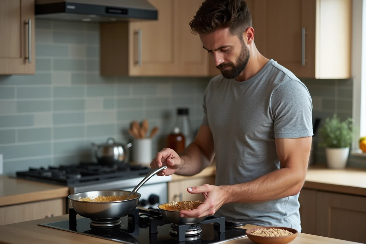 Homme mélangeant une préparation de flocons d'avoine sur la cuisinière pour éviter une cuisson excessive des barres