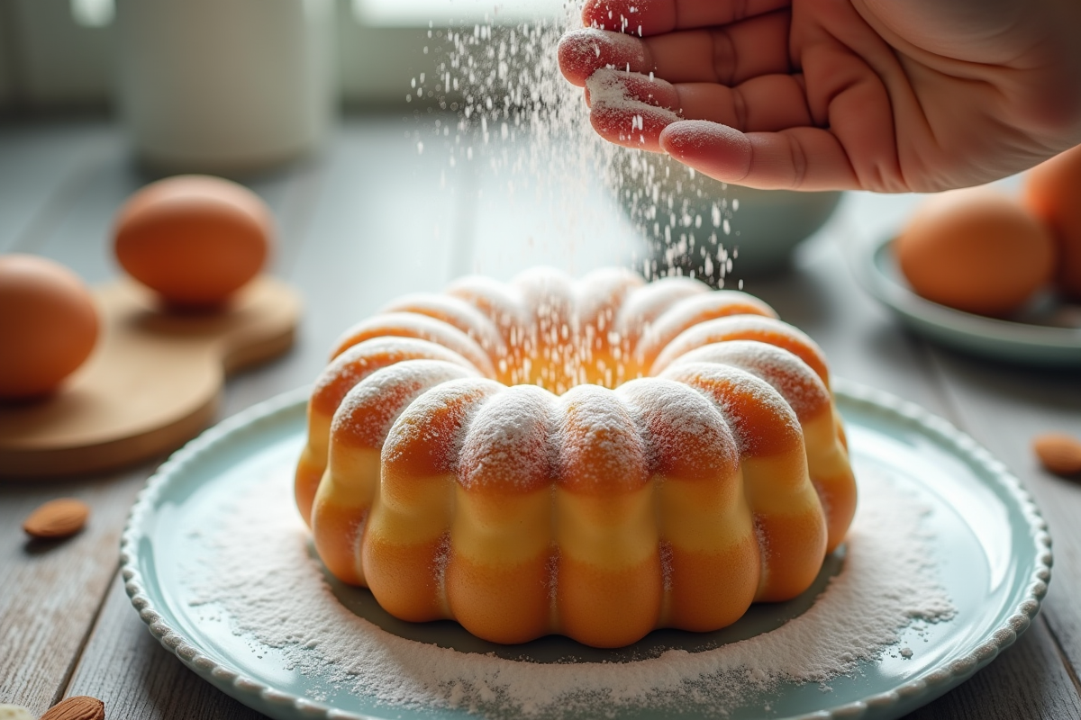 Gâteau dacquoise saupoudré de sucre glace avec ingrédients visibles