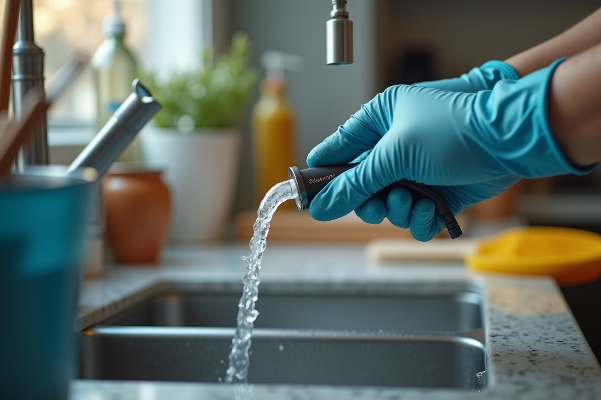 Siphon de cuisine bouché tenu par des mains gantées