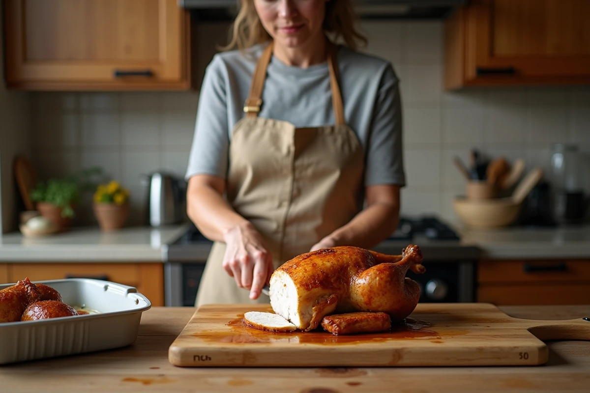 Cuisinière découpant un poulet rôti moelleux de 1,5 kg sur une planche en bois dans une cuisine familiale