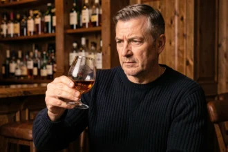 Homme dégustant un verre de whisky tourbé Fondaudège dans un bar en bois au cadre chaleureux