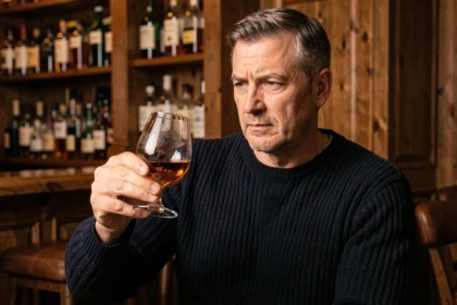 Homme dégustant un verre de whisky tourbé Fondaudège dans un bar en bois au cadre chaleureux