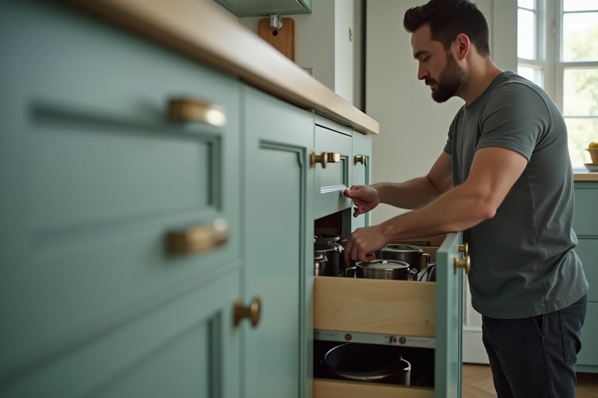 Détail des meubles de cuisine So Cooc vert sauge avec poignées laiton brossé, tiroir ouvert révélant des ustensiles bien rangés