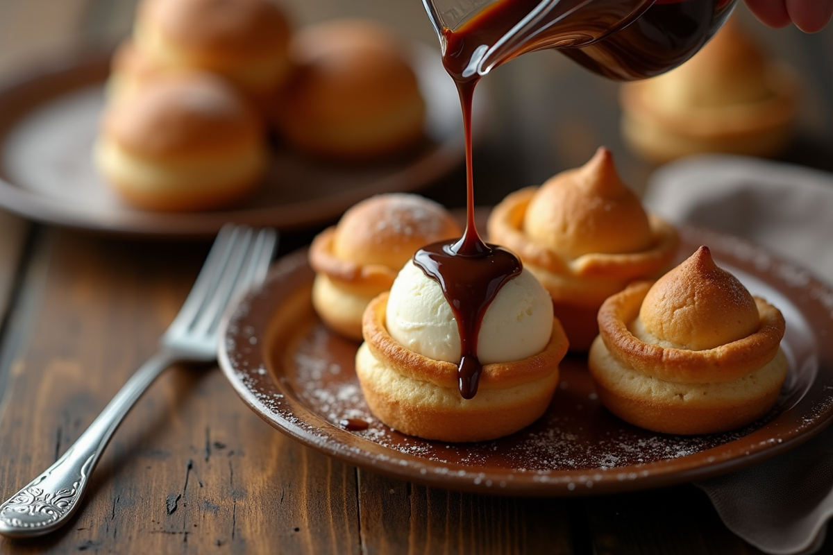 Gros plan sur profiteroles avec glace vanille et sauce