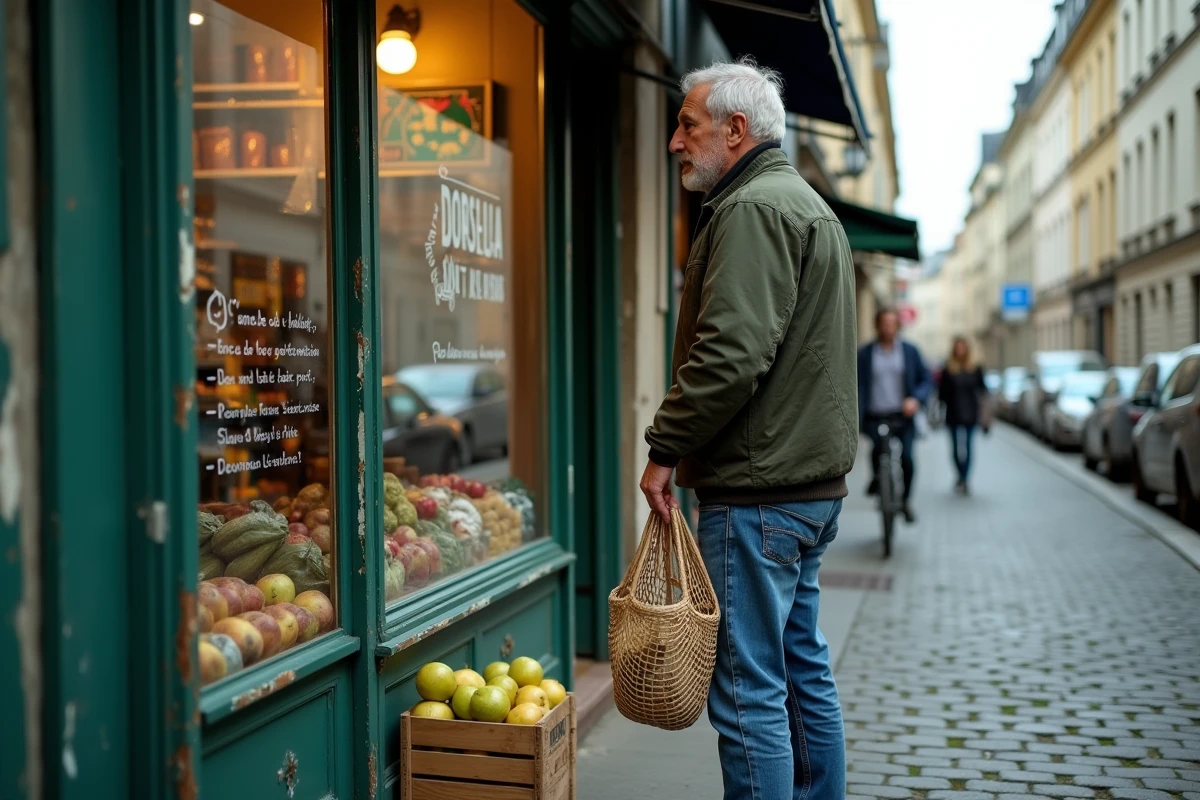 Homme devant la devanture d'un magasin anti-gaspillage de quartier avec des produits à prix réduit affichés en vitrine