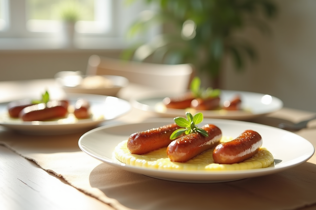 Diots de Savoie servis avec polenta et herbes dans une assiette élégante
