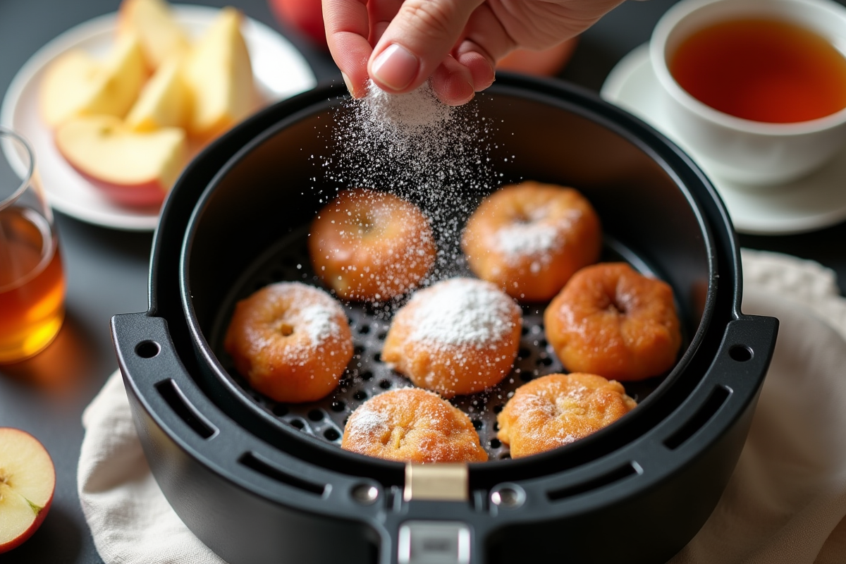 Personne saupoudrant du sucre glace sur des beignets dorés avec thé et pommes
