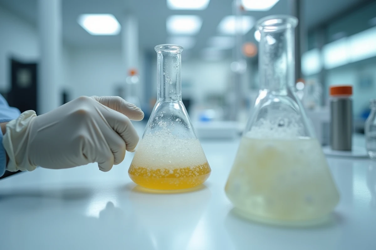 Gros plan sur un échantillon biologique en cours d'autolyse dans un flacon de laboratoire tenu par des mains gantées