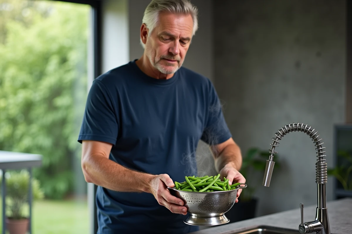 Homme égouttant des haricots verts blanchis dans une passoire métallique au-dessus d'un évier de cuisine moderne