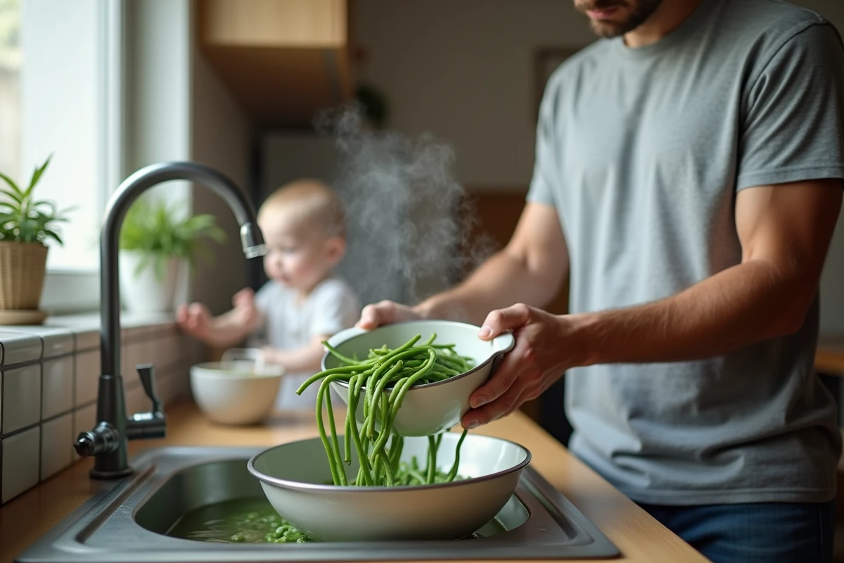 Homme égouttant des haricots verts cuits à la cocotte-minute dans une passoire au-dessus de l'évier de la cuisine familiale