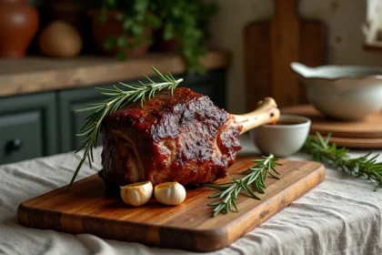 Épaule d'agneau confite basse température posée sur une planche en bois rustique avec romarin frais et ail rôti, dans une cuisine campagnarde française