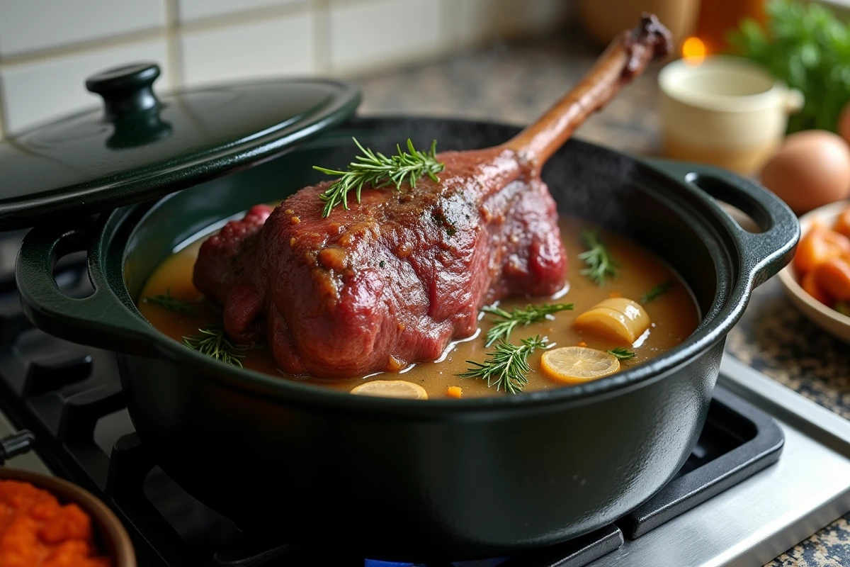 Épaule d'agneau en cuisson 7 heures dans une cocotte en fonte avec thym, laurier et oignons, vapeur visible sur le dessus