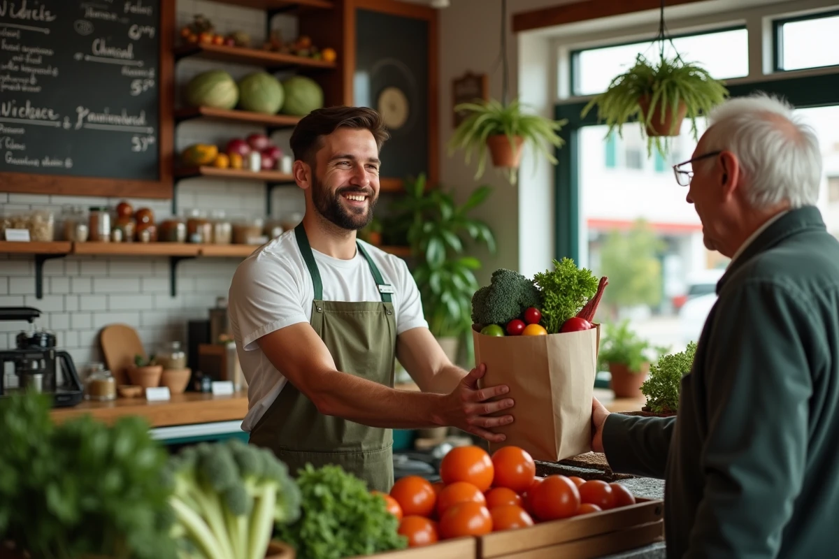 Jeune epiciere donnant un sac de légumes a un client dans une boutique