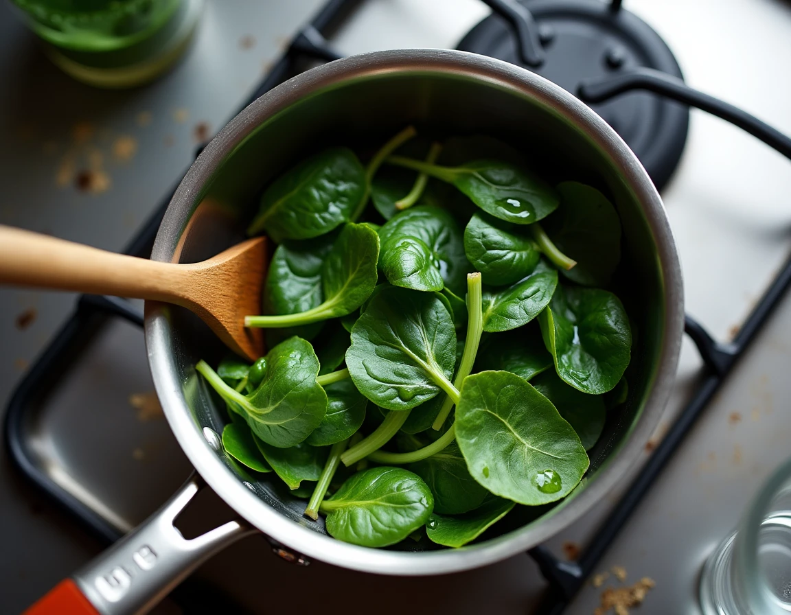 Gros plan sur des épinards en train de cuire dans une casserole pour conserver leurs nutriments