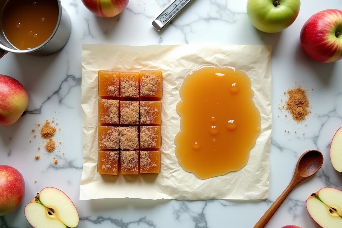 Vue de dessus comparant une pâte de fruit à la pomme réussie et une pâte ratée encore liquide sur du papier cuisson