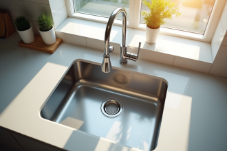 Évier de cuisine moderne avec siphon en chrome brillant vu du dessus
