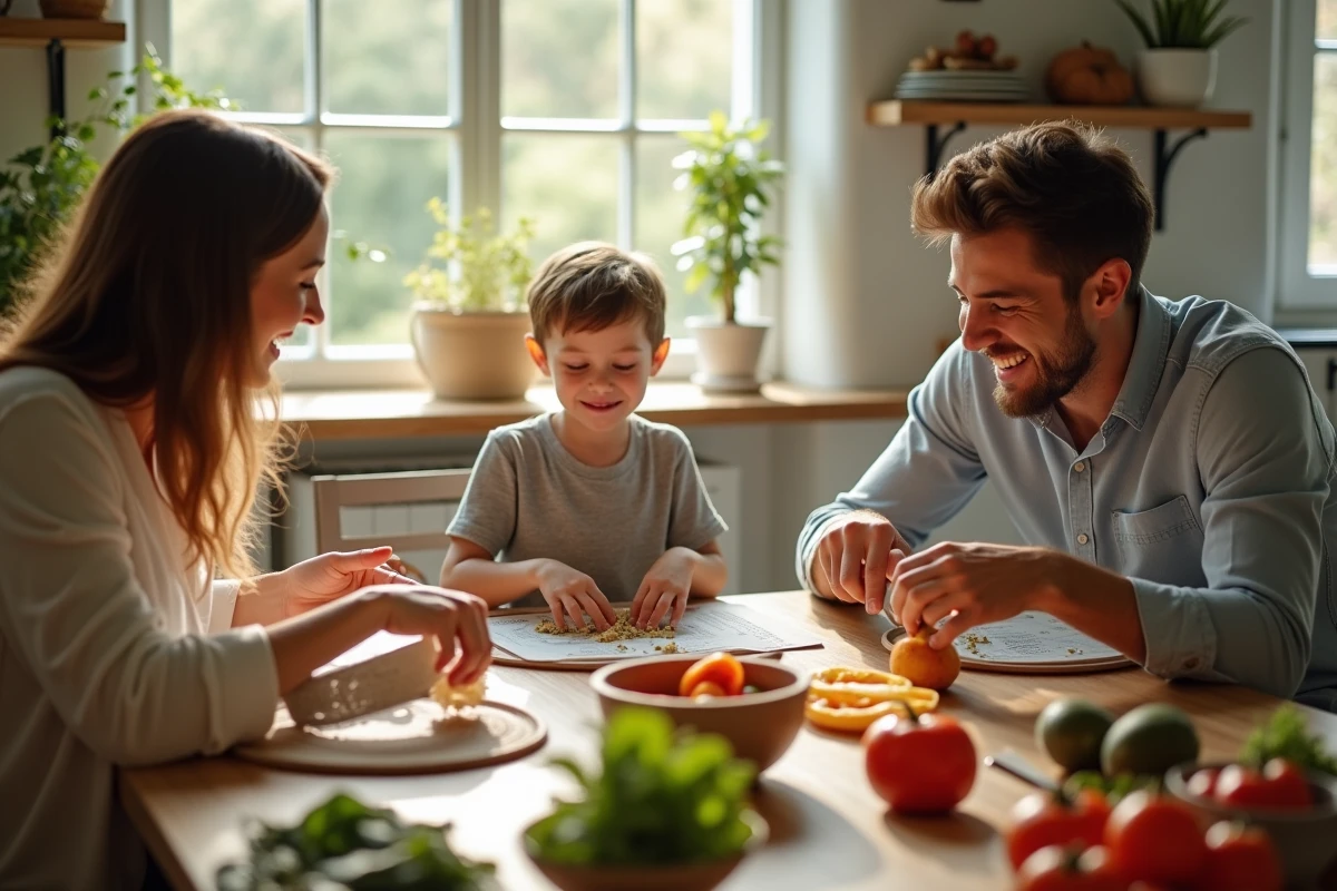 Famille autour de la table préparant un repas ensemble dans une cuisine lumineuse