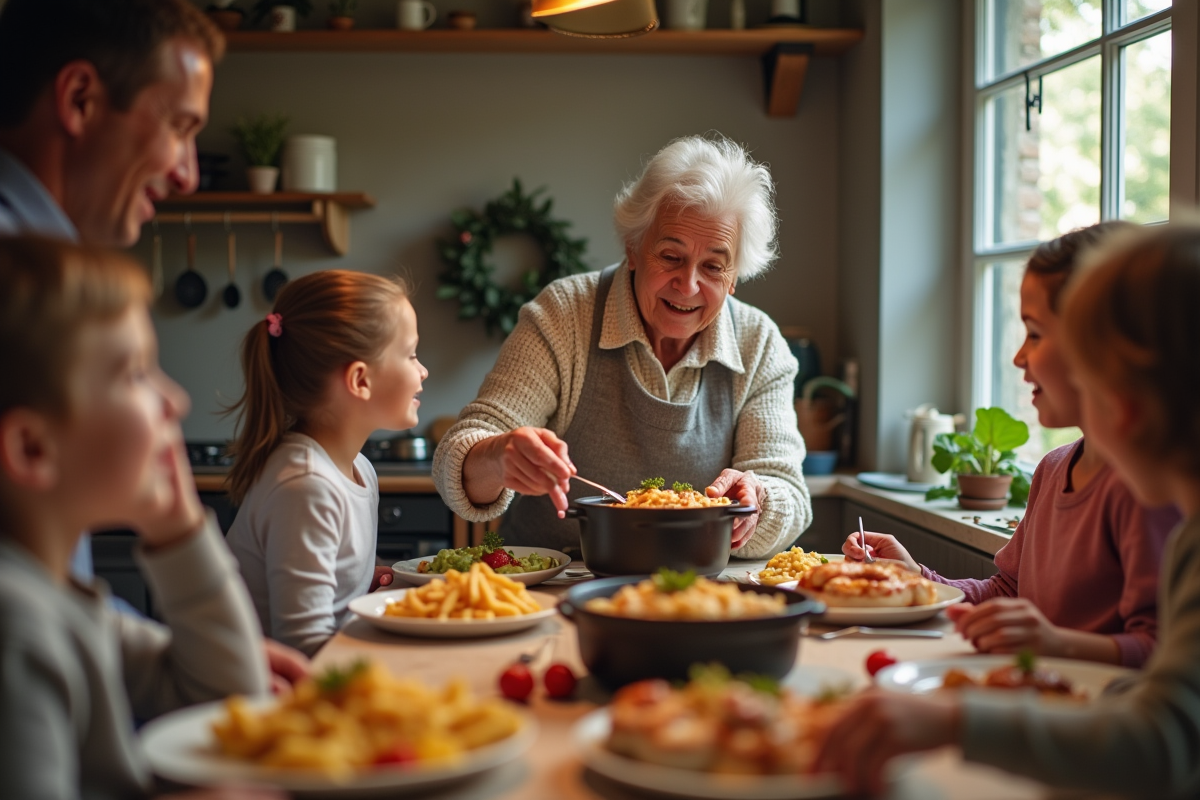 Famille autour de la table partageant un plat de carbonnade