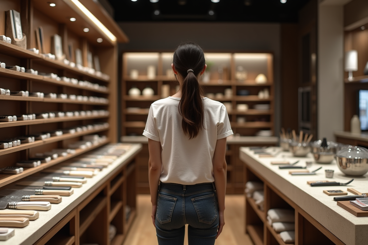 Jeune femme regardant des couteaux japonais en magasin moderne