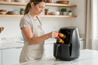Femme plaçant des légumes dans un airfryer Kitchencook sur un plan de travail en marbre blanc dans une cuisine moderne