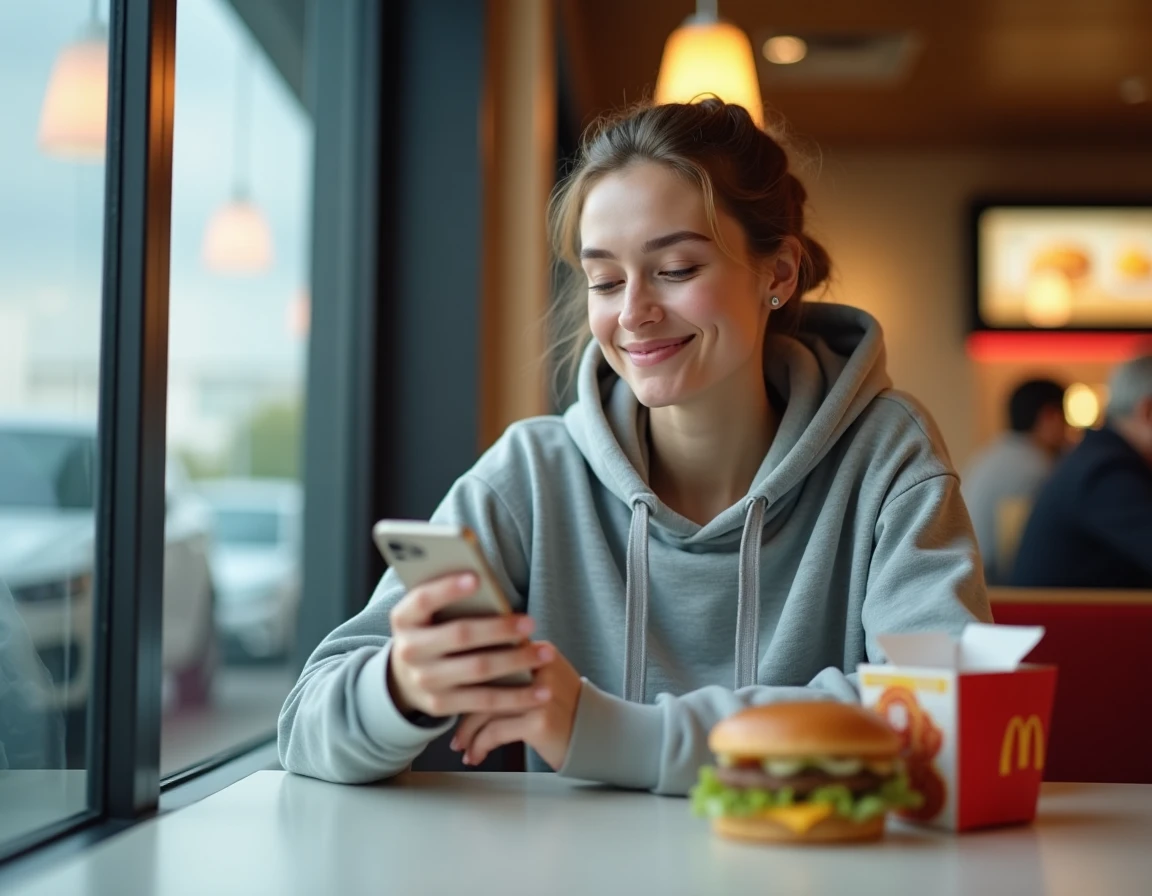 Jeune femme utilisant une application de réduction sur smartphone pour commander un menu Big Mac pas cher chez McDonald's