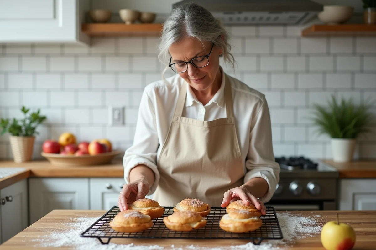 Femme en tablier déposant des beignets aux pommes cuits au four sur une grille de refroidissement dans une cuisine maison