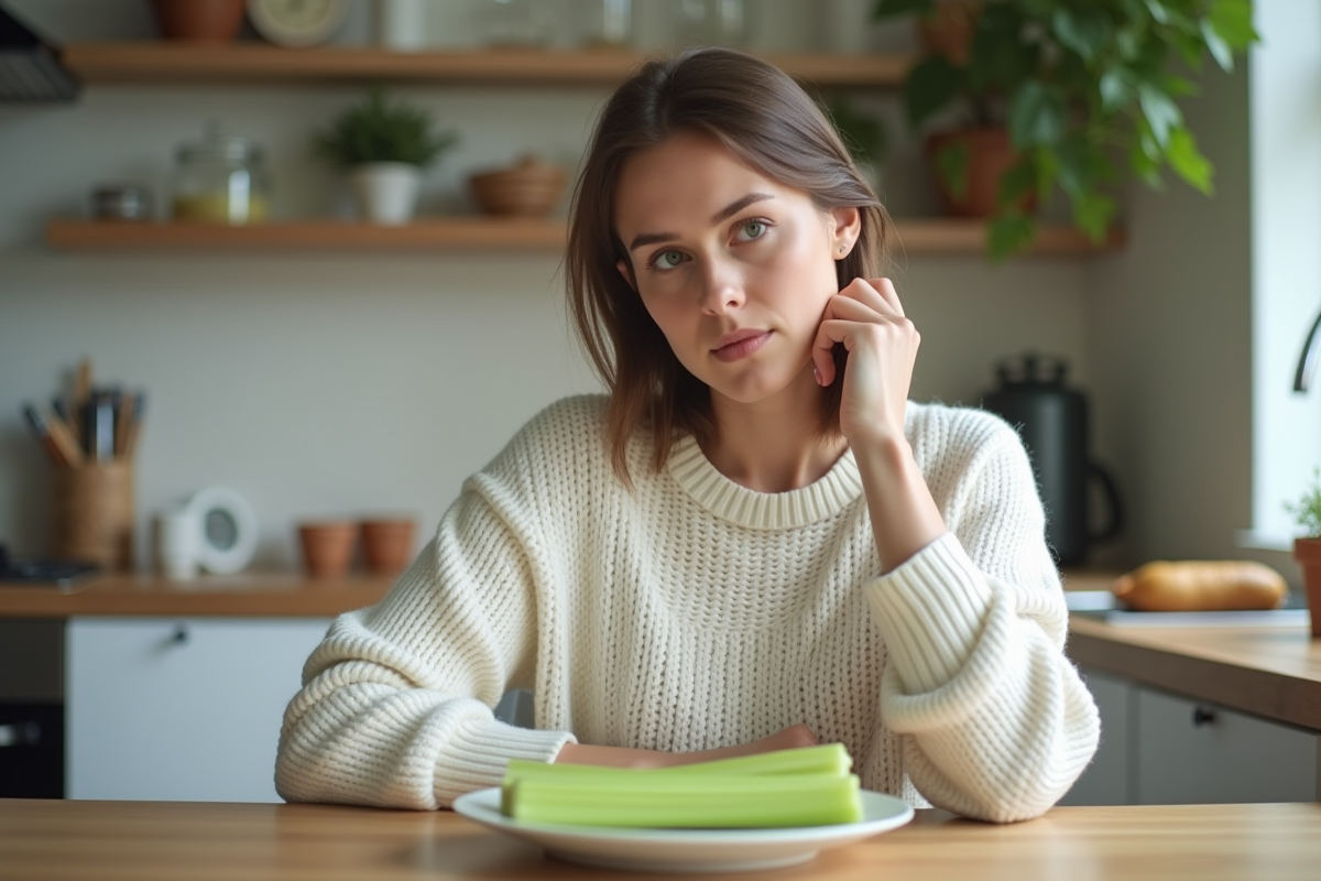 Femme réfléchissant avec un bâton de céleri dans une cuisine moderne