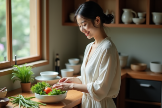 Femme chinoise préparant des légumes frais dans une cuisine traditionnelle