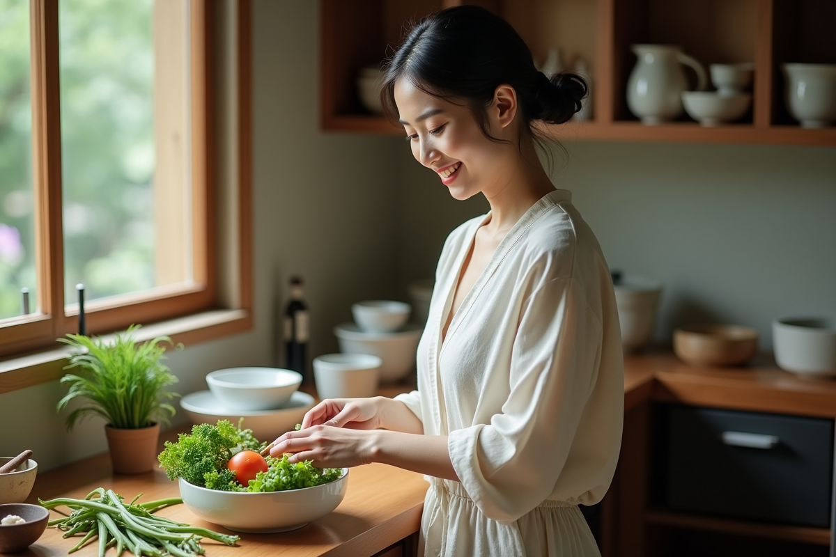 Femme chinoise préparant des légumes frais dans une cuisine traditionnelle