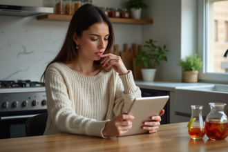 Femme dégustant un cocktail keto dans la cuisine moderne