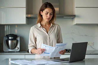 Femme comparant les prix du Thermomix sur ordinateur et brochures imprimées dans une cuisine moderne