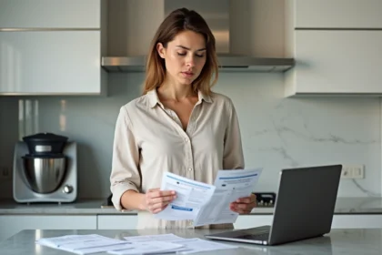 Femme comparant les prix du Thermomix sur ordinateur et brochures imprimées dans une cuisine moderne