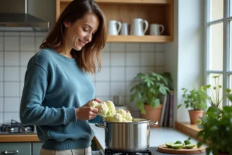 Femme en cuisine déposant des florets de chou-fleur dans une casserole