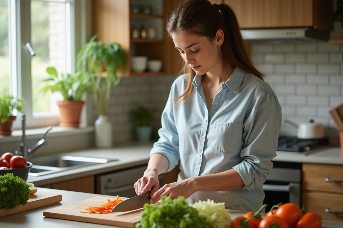 Jeune femme coupant des légumes dans la cuisine