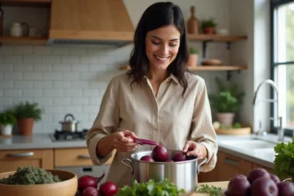 Femme souriante plaçant des betteraves dans un panier vapeur en cuisine