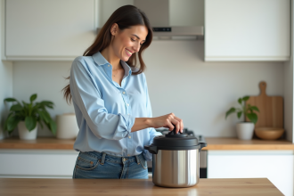 Femme souriante ouvrant une cocotte en inox dans la cuisine